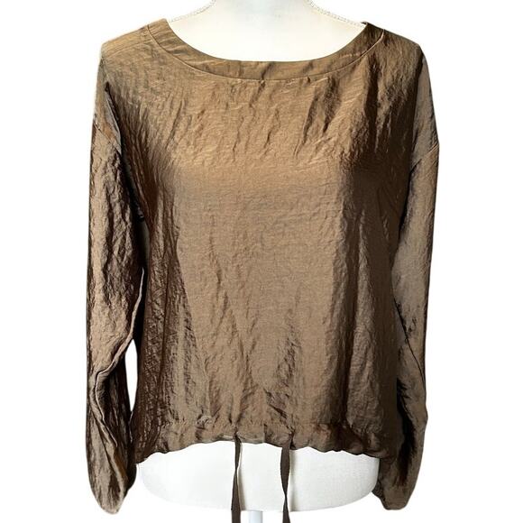 ZARA Long Sleeve Oversized Satin‎ Blouse in Olive Brown-Size S - Picture 1 of 6